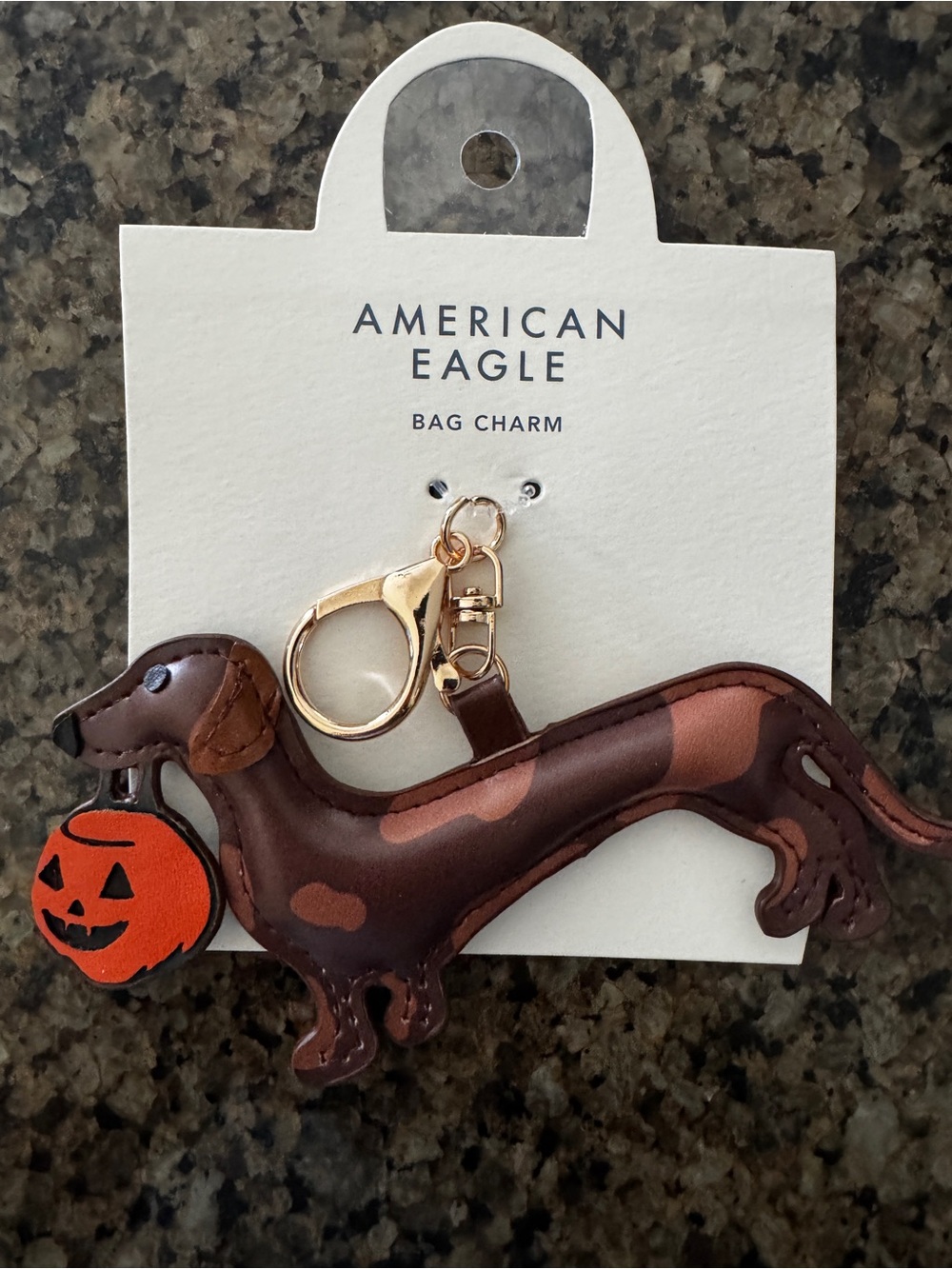 American Eagle Outfitters Brown Dachshund Bag Charm with Orange Pumpkin Accent